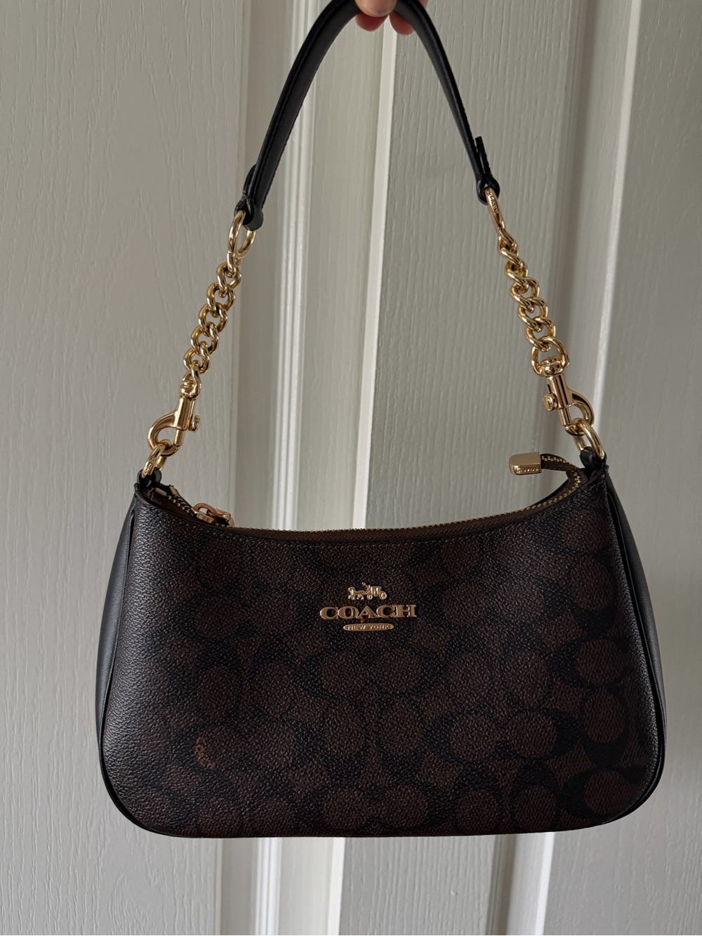 Coach Brown Signature Canvas Shoulder Bag with Gold Hardware